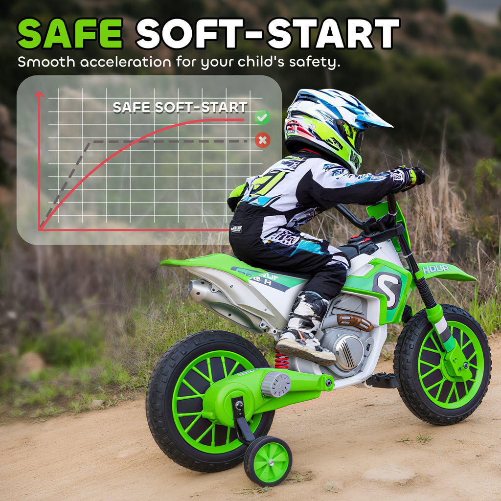 12V Kids Motorcycle w/ Treaded Tires, 5mph Top Speed Electric Bike for Kids, Ride On Motorcycle w/ Training Wheels, Battery Charger, Spring Suspension, Green