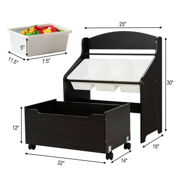 Dark Brown Multifunctional Kids Storage Cabinet With Large Capacity Toy Box And Display Shelf, Safe Rounded Corner Children Organizer For Toys Books