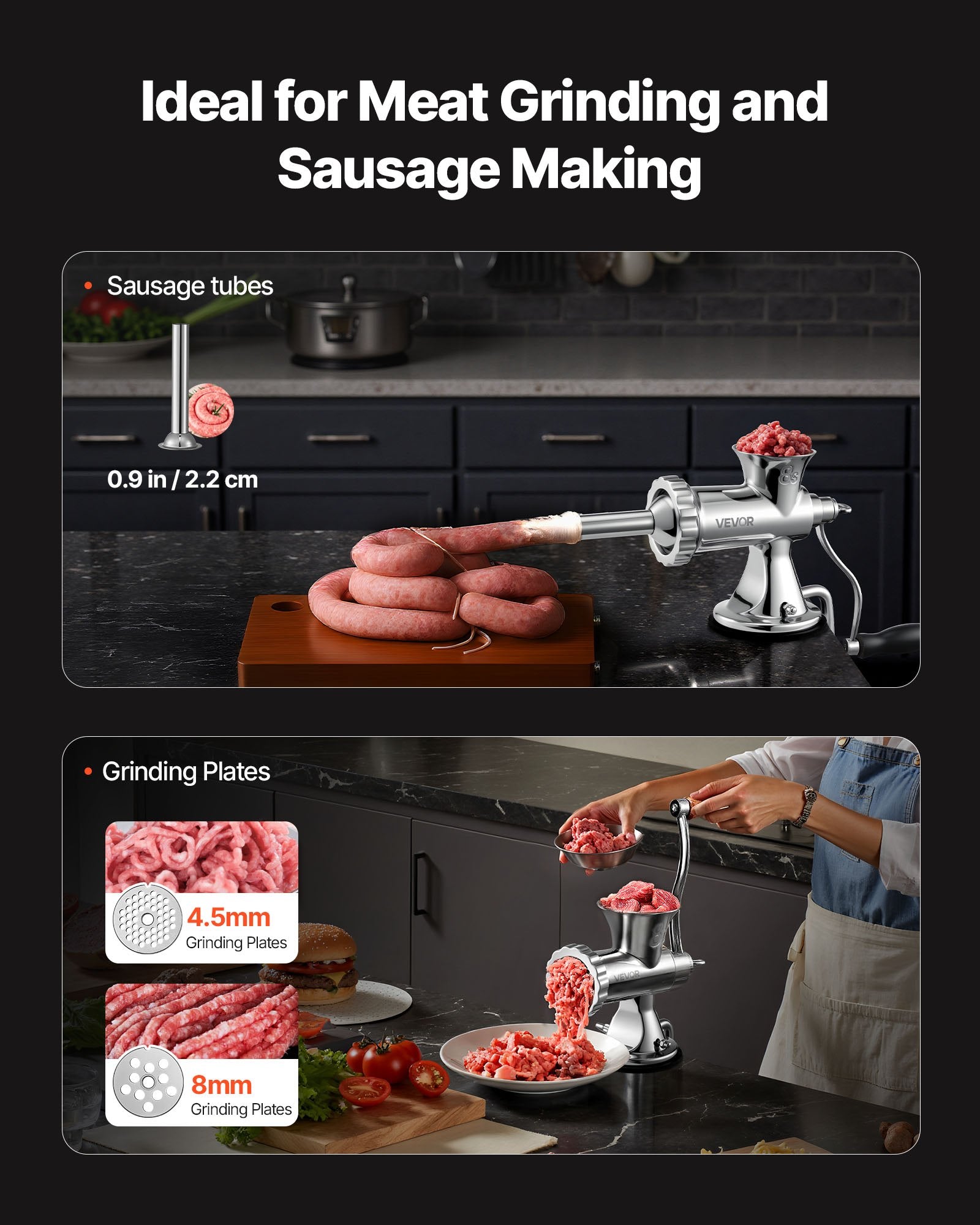Manual Meat Grinder, 304 Stainless Steel Hand Meat Grinder With Suction Cup + Steel Table Clamp, Meat Mincer Sausage Maker & 2 Cutting Plates, Sausage Tube, Grinding Head For Beef Pepper Cookie