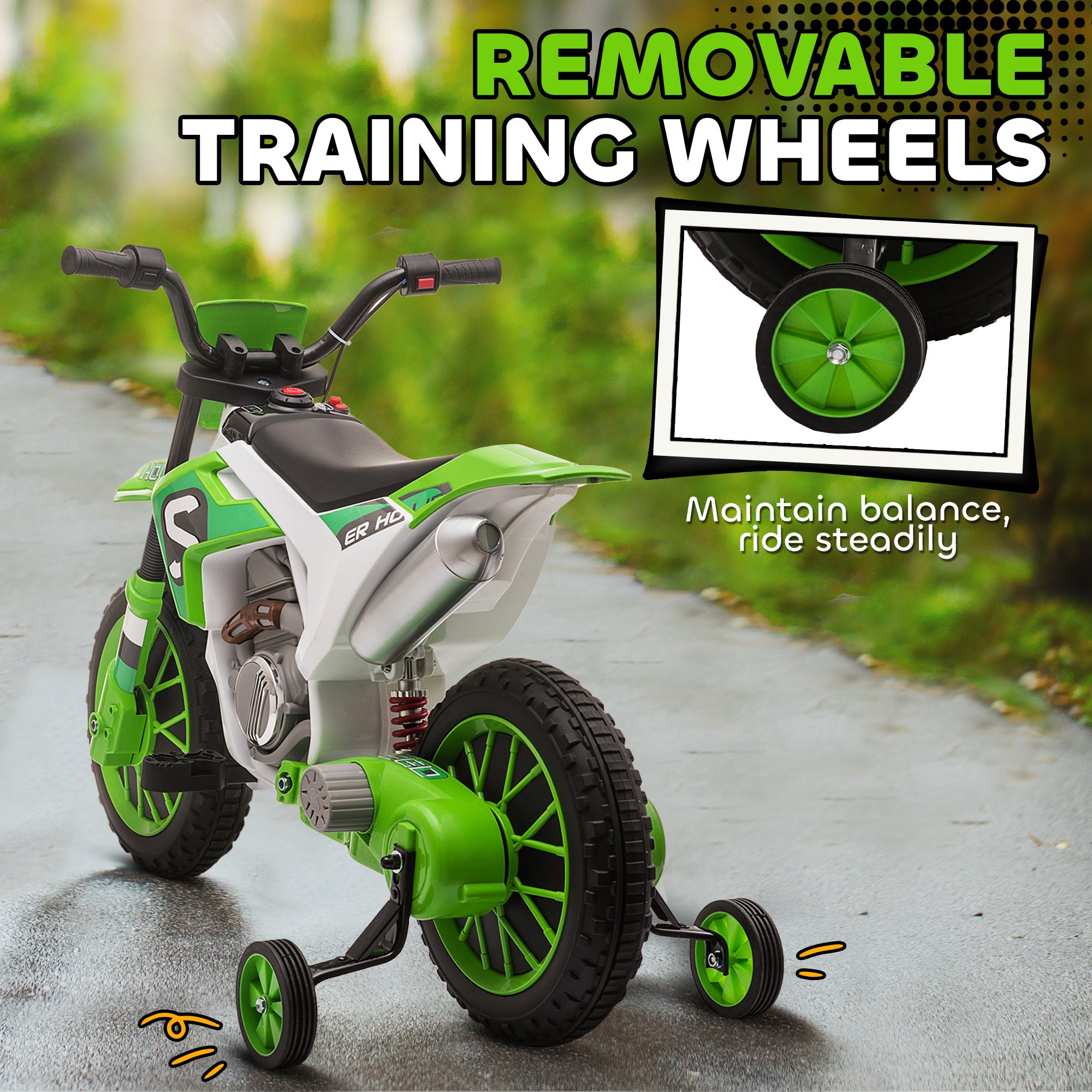 12V Kids Motorcycle w/ Treaded Tires, 5mph Top Speed Electric Bike for Kids, Ride On Motorcycle w/ Training Wheels, Battery Charger, Spring Suspension, Green