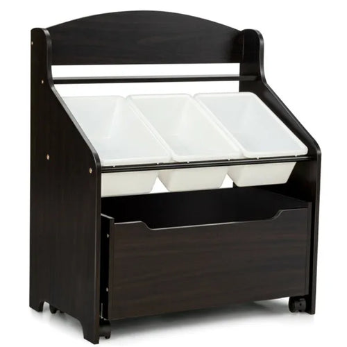 Dark Brown Multifunctional Kids Storage Cabinet With Large Capacity Toy Box And Display Shelf, Safe Rounded Corner Children Organizer For Toys Books