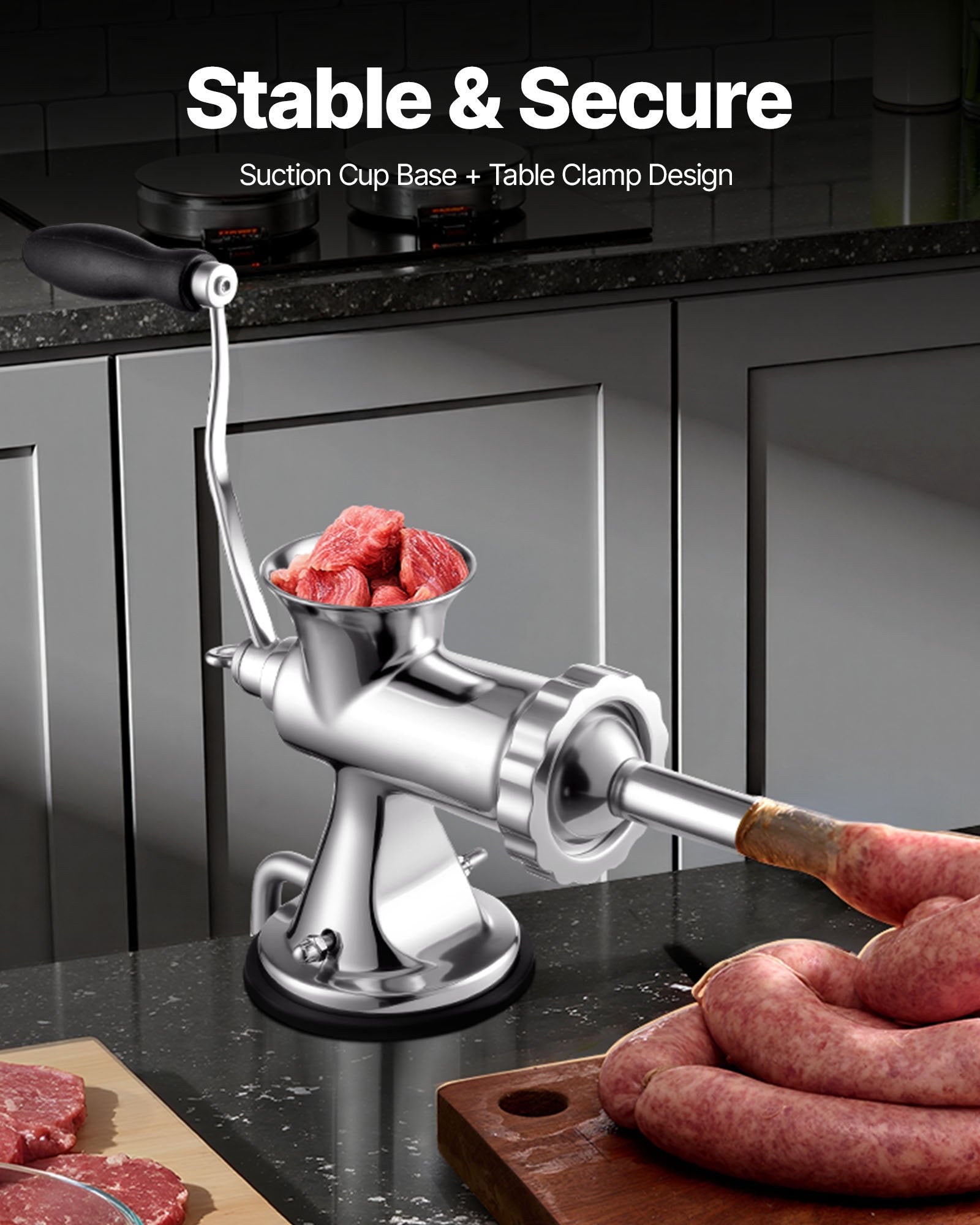Manual Meat Grinder, 304 Stainless Steel Hand Meat Grinder With Suction Cup + Steel Table Clamp, Meat Mincer Sausage Maker & 2 Cutting Plates, Sausage Tube, Grinding Head For Beef Pepper Cookie